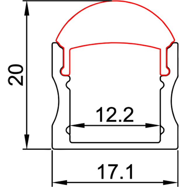 B17,1 mm * H20 mm (Innenbreite 12,2 mm) LED-Aluminiumprofil 30° Abstrahlwinkel