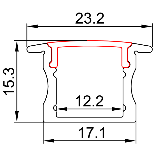 B17,1 mm * H15,3 mm (Innenbreite 12,2 mm) LED-Aluminiumprofil mit Flügel