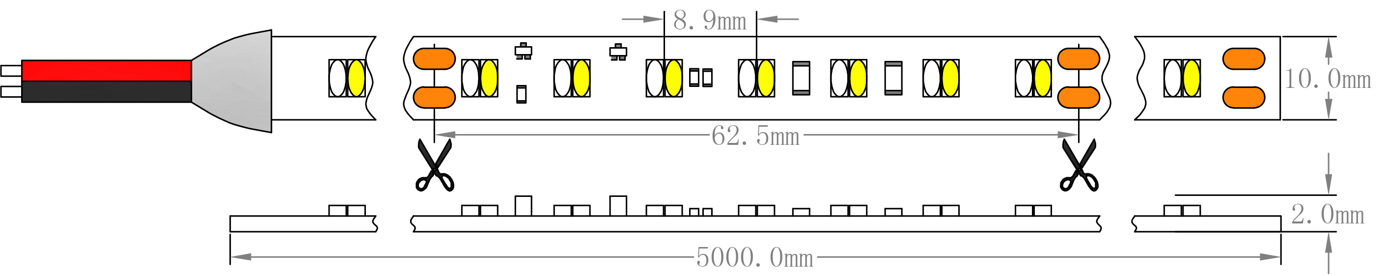 SMD2216 Dim to Warm LED-Streifenlicht Dimension