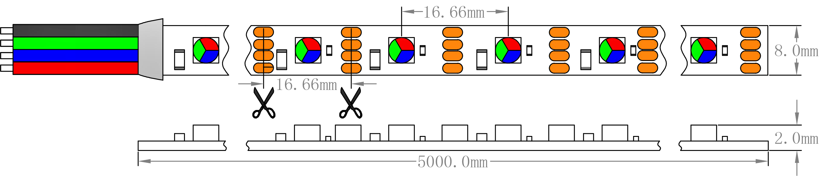 Abmessungen des Pixel-RGB-LED-Streifenlichts